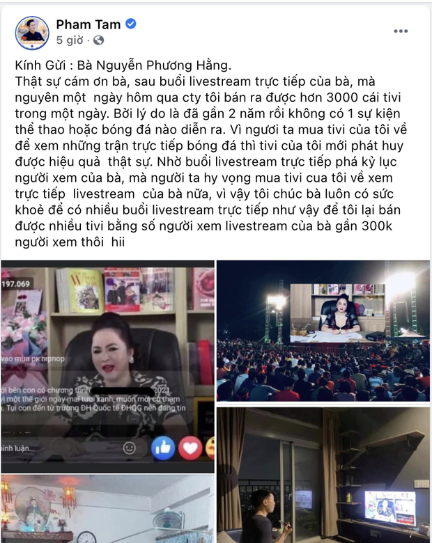 Shark Tam cảm ơn bà Phương Hằng vì bán được 3000 TV để xem livestream