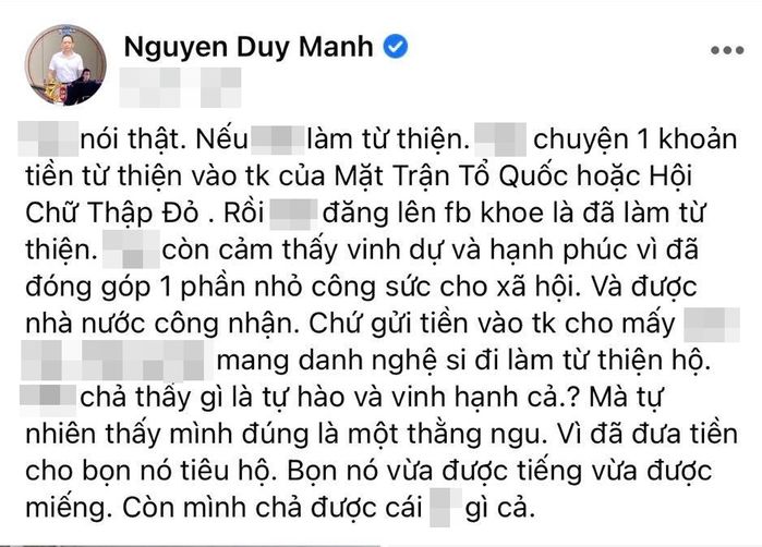 Duy Mạnh: Quyên góp tiền từ thiện vào tài khoản nghệ sĩ là ngu