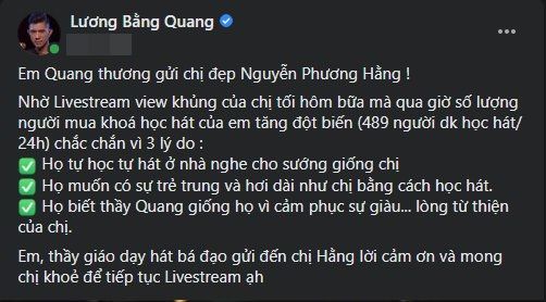 Lương Bằng Quang cảm ơn bà Hằng vì số người đăng kí học tăng đột biến