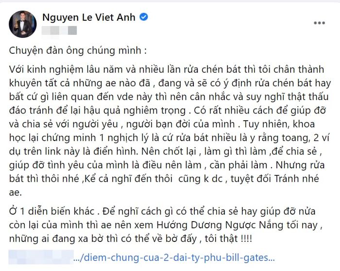 Diễn viên Việt Anh đúc kết từ Bill Gates: Rửa bát khi yêu là toang