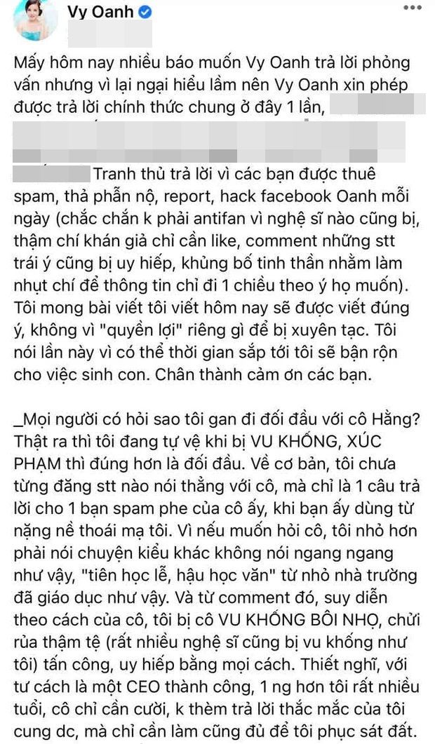 Nữ hoàng không ngán ai Vy Oanh tiếp tục đáp trả bà Phương Hằng
