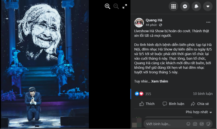 Quang Hà xin lỗi khán giả khi phải hoãn liveshow lần 2 để chống dịch