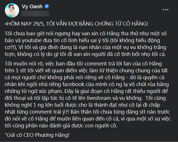 Vy Oanh khẳng định vẫn đợi bằng chứng từ bà Phương Hằng