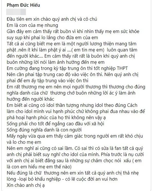 Con trai Phi Nhung: Mẹ tôi đang suy sụp khi phải lo cho Hồ Văn Cường