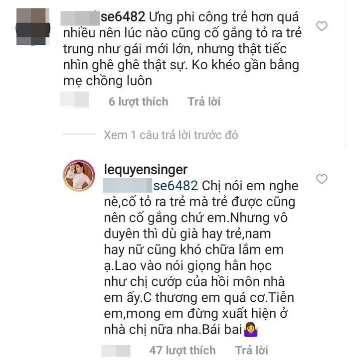 Hiền chán chê, Lệ Quyên nay ăn thua đủ với những bình luận kém duyên