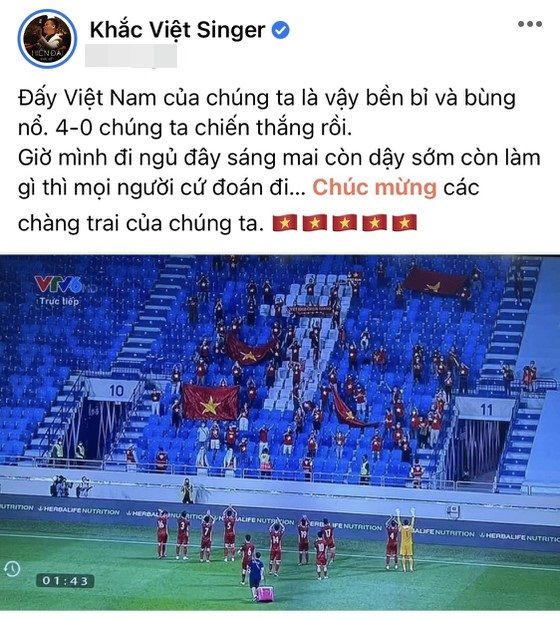 Nghệ sĩ vỡ oà trước chiến thắng 4-0 của tuyển Việt Nam