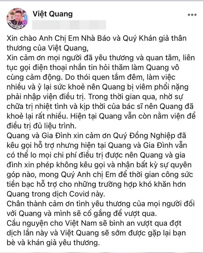 Nguyên Vũ hé lộ tình hình sức khỏe của Việt Quang sau 2 tuần nằm viện