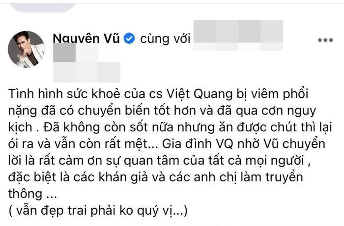 Nguyên Vũ hé lộ tình hình sức khỏe của Việt Quang sau 2 tuần nằm viện