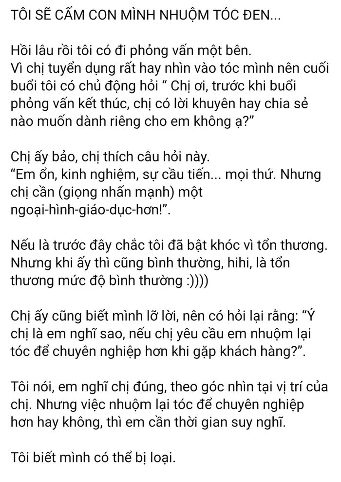 Trượt phỏng vấn vì nhuộm tóc, cô gái tuyên bố: Sẽ cấm con để tóc đen