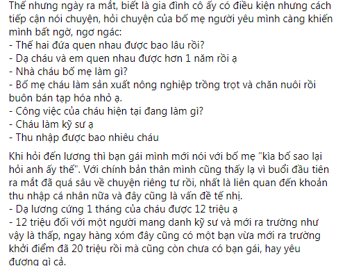 Muốn chia tay sau ngày đầu về ra mắt vì phụ huynh chê lương 12 triệu