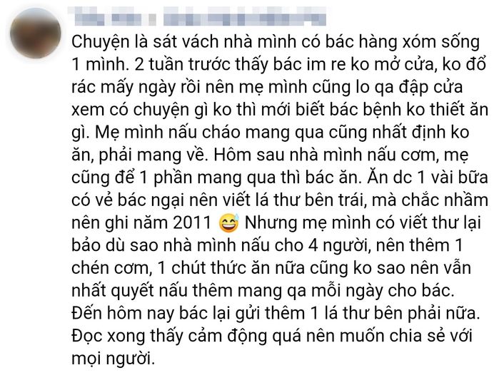 Người phụ nữ SG hơn nửa tháng nấu cơm mời ông cụ hàng xóm ở một mình