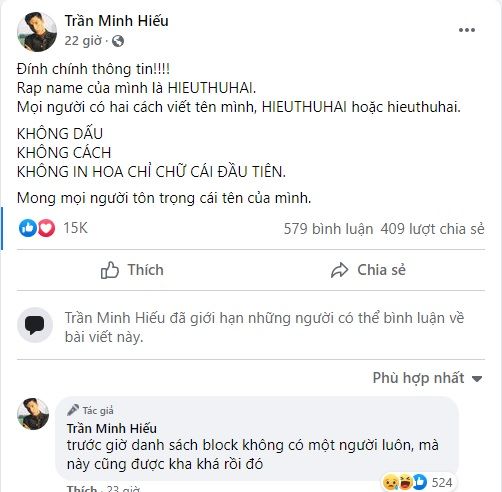 Phản ứng các sao Việt bị gọi sai tên: HIEUTHUHAI block thẳng tay