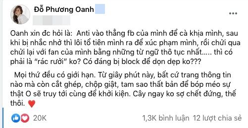 Phương Oanh gọi antifan là rác rưởi, dọa kiện vì bị bóp méo sự thật