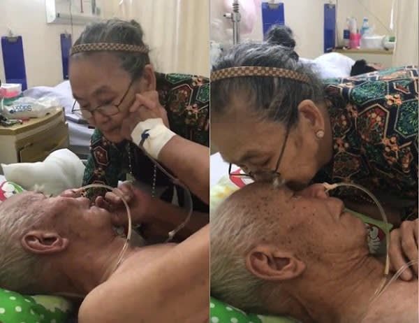Thương chồng bệnh, cụ bà âu yếm chạm môi, cụng trán để động viên