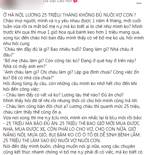 Về ra mắt nhà gái, bị mẹ người yêu chê vì chỉ kiếm được 25 triệu/tháng