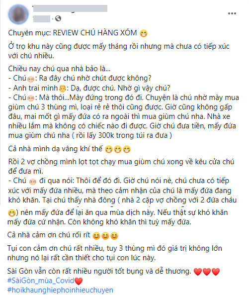 Chú hàng xóm nhờ gia đình khó khăn mua giúp 3 thùng mì rồi tặng luôn