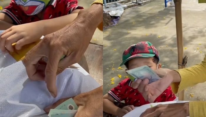 2 mẹ con được tặng túi gạo xoay ra sau lưng thấy 1 triệu: Mừng quá