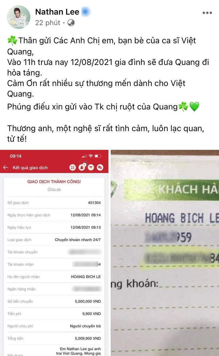 Nathan Lee gửi tặng gia đình Việt Quang 5 triệu đồng lo hậu sự