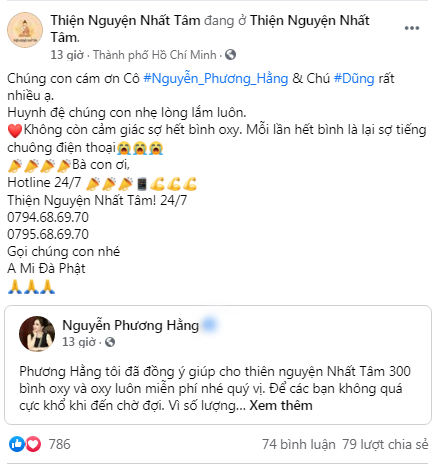 Bà Phương Hằng tặng cho nhóm thiện nguyện Nhất Tâm 300 bình oxy