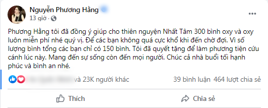 Bà Phương Hằng tặng cho nhóm thiện nguyện Nhất Tâm 300 bình oxy