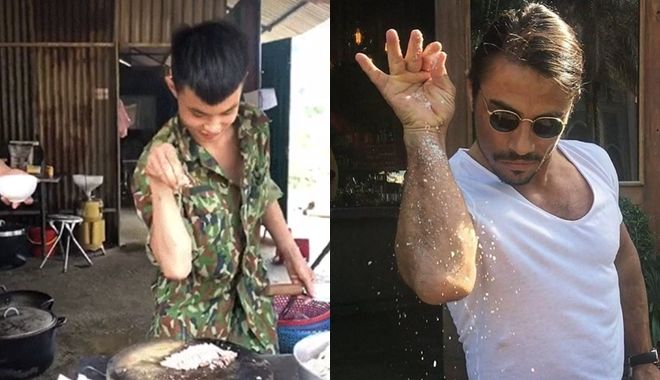 Anh bộ đội trổ tài thái thịt đều tăm tắp, rắc muối chuyên nghiệp
