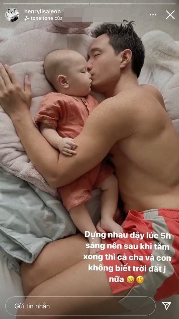 Kim Lý gánh một lúc hai con: Tay ôm Lisa ngủ, chân còn lại giữ Leon
