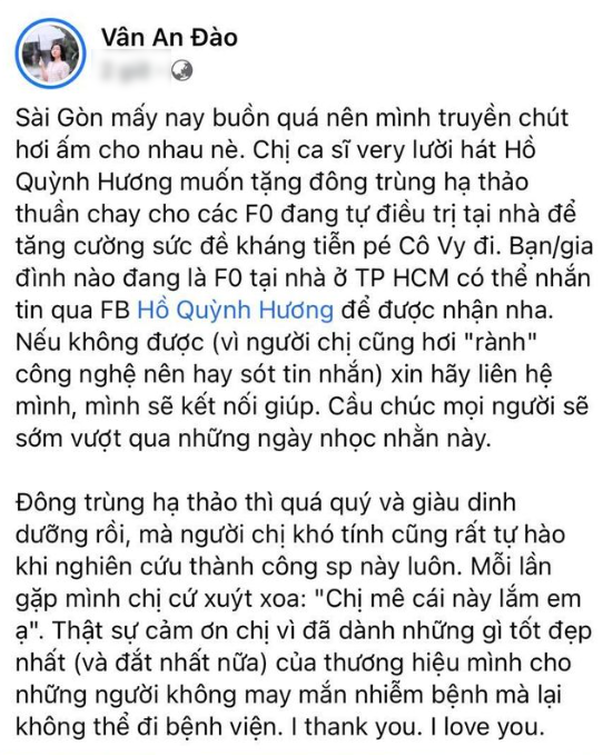 Hồ Quỳnh Hương tặng thực phẩm chức năng cho F0 nào điều trị ở TP.HCM
