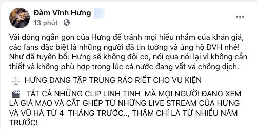Đàm Vĩnh Hưng: Đang tập trung cho vụ kiện, không thỏa hiệp với cái ác