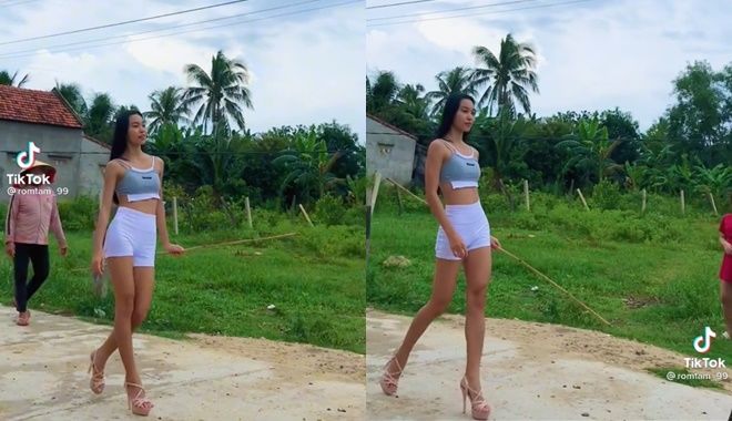 Cô gái đi giày cao gót 15cm trên đường làng chăn trâu cũng phải đẹp