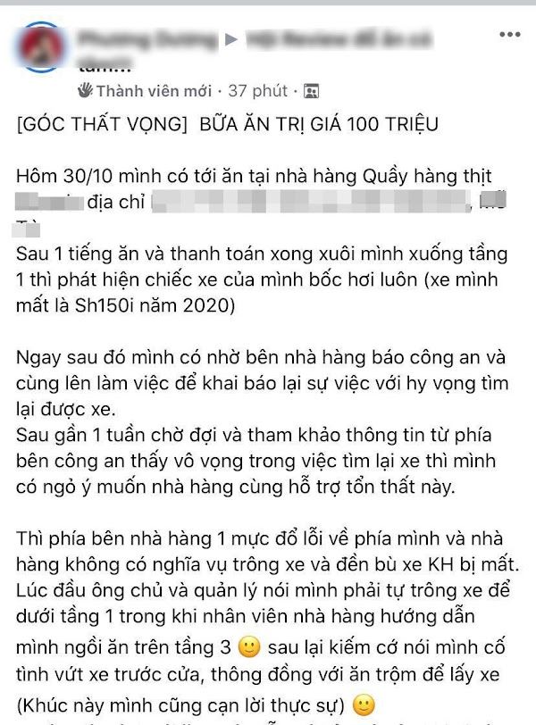 Cô gái đi ăn bị mất xe SH 100 triệu, chủ nhà hàng chỉ đền 10 triệu