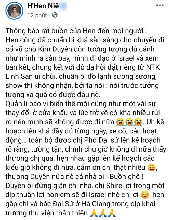 H'Hen Niê tiếc nuối khi không thể đến Israel cổ vũ Kim Duyên