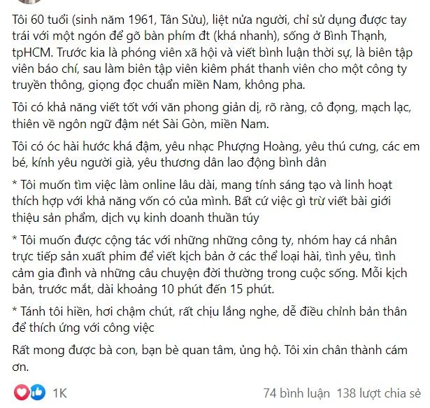 Đơn xin việc xúc động của ông cụ 60 tuổi trên Facebook