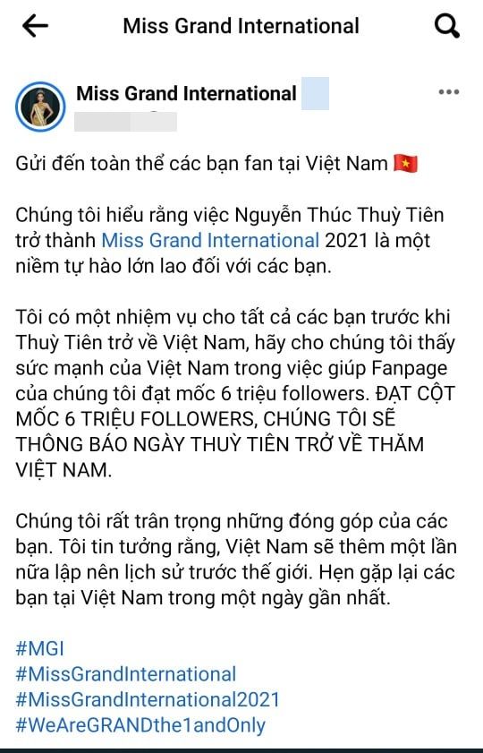 Tài khoản MXH của Miss Grand đăng bài tiếng Việt gây thích thú