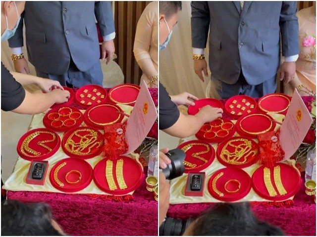 Trầm trồ cặp cô dâu chú rể được tặng vàng, tiền đô cầm mỏi tay
