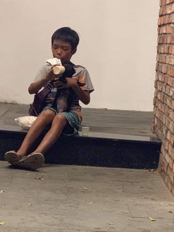 Tình bạn đẹp giữa đời thường: Cậu bé nghèo chia bịch sữa với chú cún