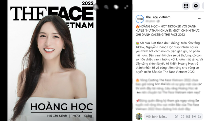 Mỹ nhân chuyển giới là nữ chính show hẹn hò đăng ký thi The Face