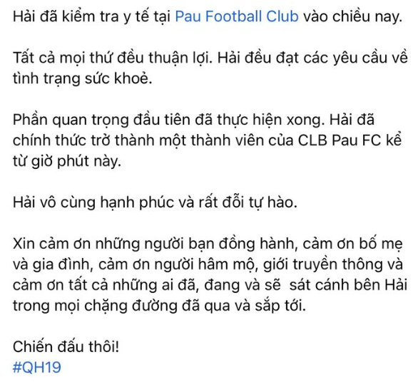 Quang Hải nhận màu áo mới tại Pháp, Chu Thanh Huyền gửi lời chúc