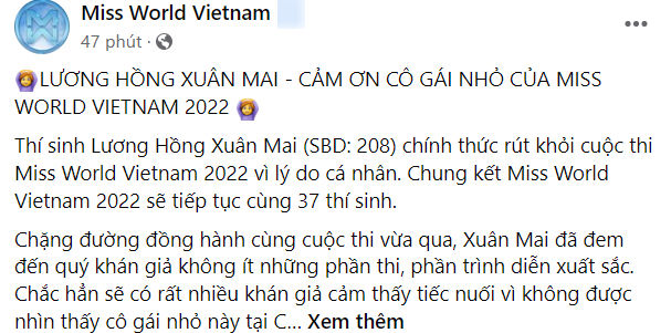 Bản sao Lương Thùy Linh Xuân Mai rút khỏi Miss World Vietnam 2022