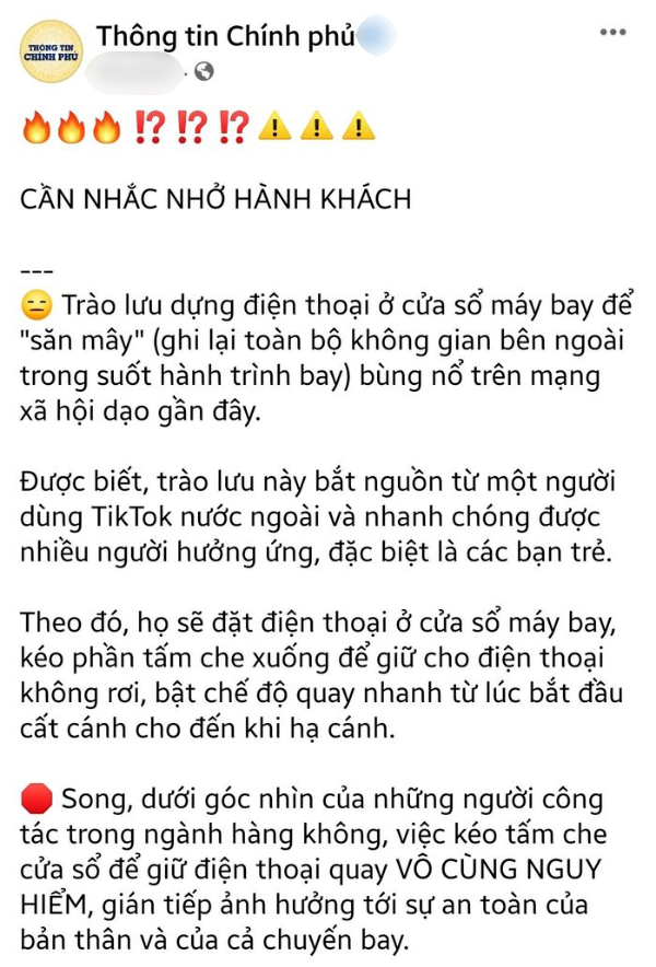 Trang thông tin Chính phủ nhắc nhở trend quay clip trên máy bay