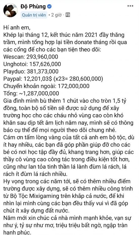 Độ Mixi giải ngân 1,5 tỉ đồng: Xây 5 trường học và chi thêm 50 triệu