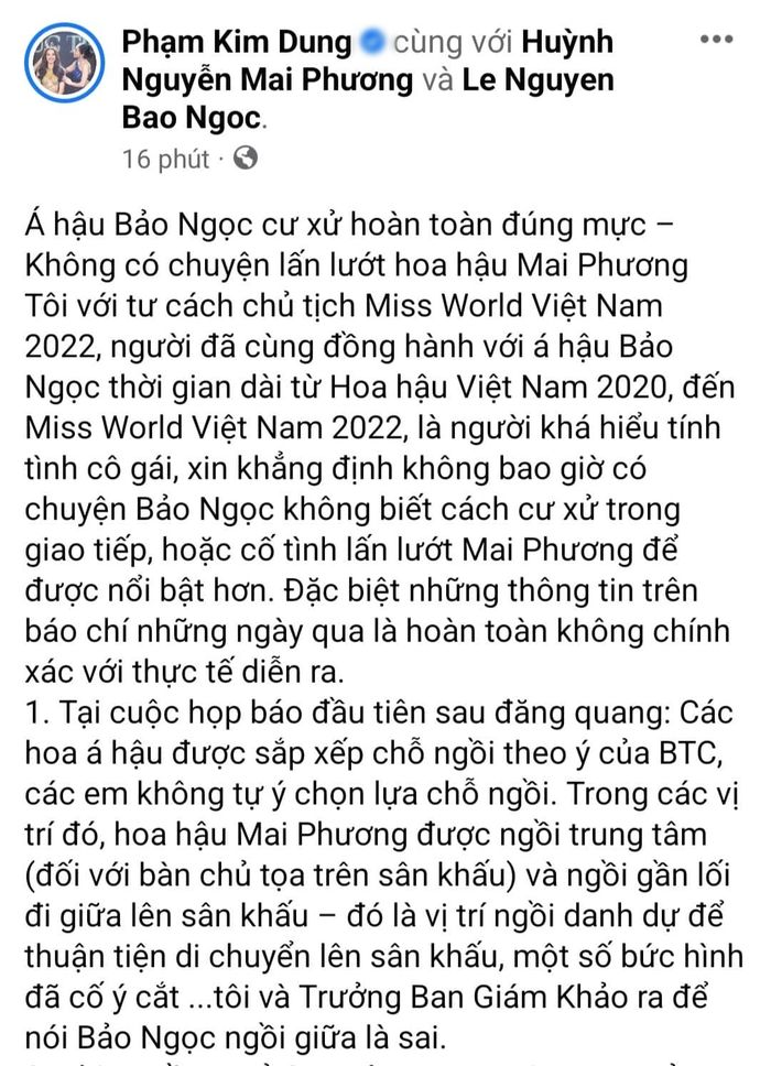 Trưởng BTC Miss World VN lên tiếng việc Bảo Ngọc lấn lướt Mai Phương