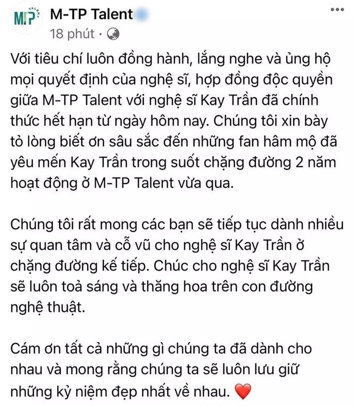 Kay Trần chính thức xác nhận rời công ty của Sơn Tùng M-TP