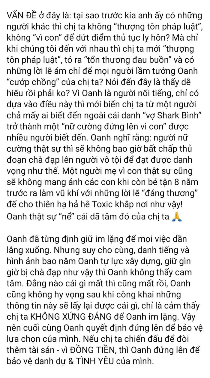 Phương Oanh tố vợ Shark Bình: Chị ta không xứng đáng để tôi im lặng