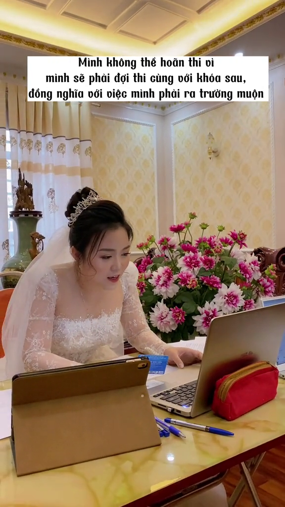 Cô dâu chờ chồng sang đón vẫn miệt mài thi online: cô chiếu đề nhanh ạ