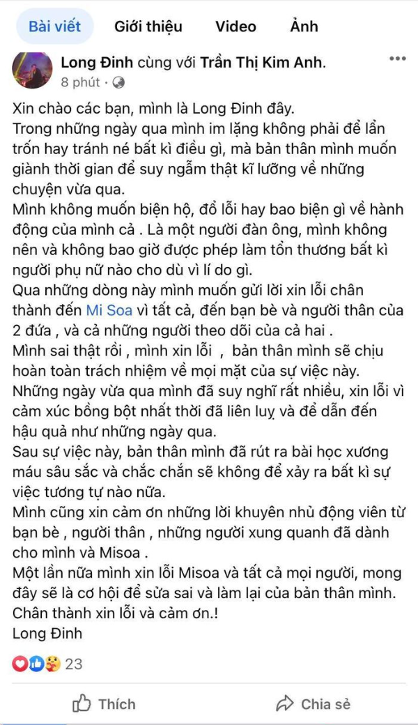 Bạn trai gửi lời xin lỗi đến MC Misoa, sẽ chịu hoàn toàn trách nhiệm