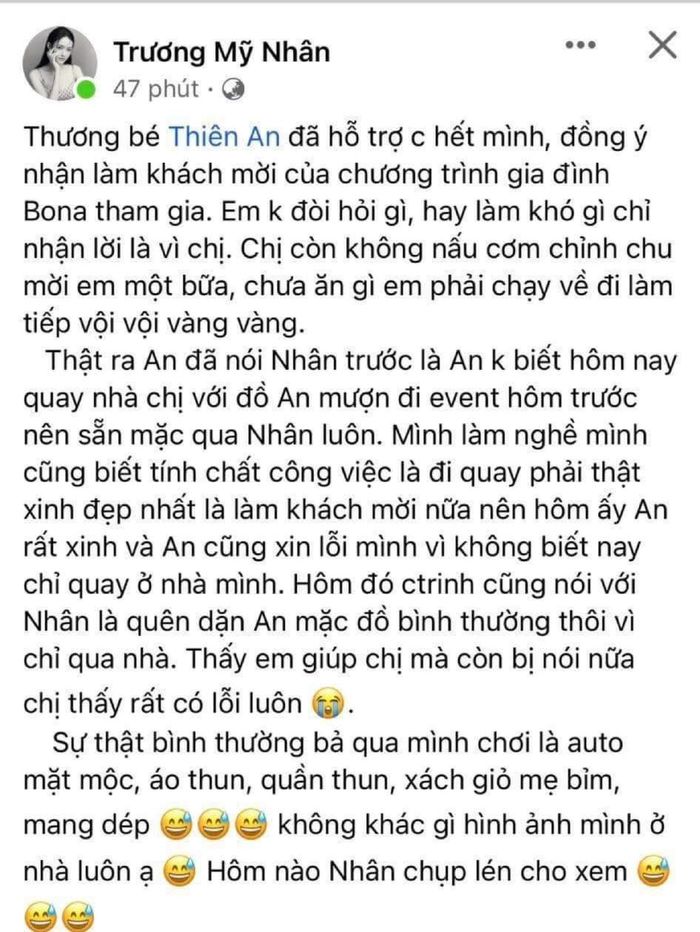 Trương Mỹ Nhân bênh Thiên An diện đồ không phù hợp khi đến nhà mình