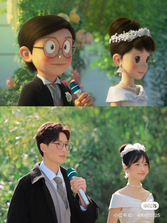 Cặp đôi cosplay thành Nobita và Xuka trong hôn lễ của mình