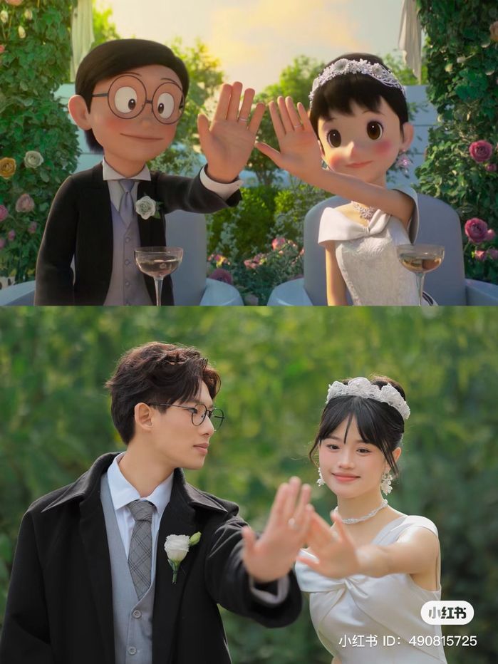 Cặp đôi cosplay thành Nobita và Xuka trong hôn lễ của mình