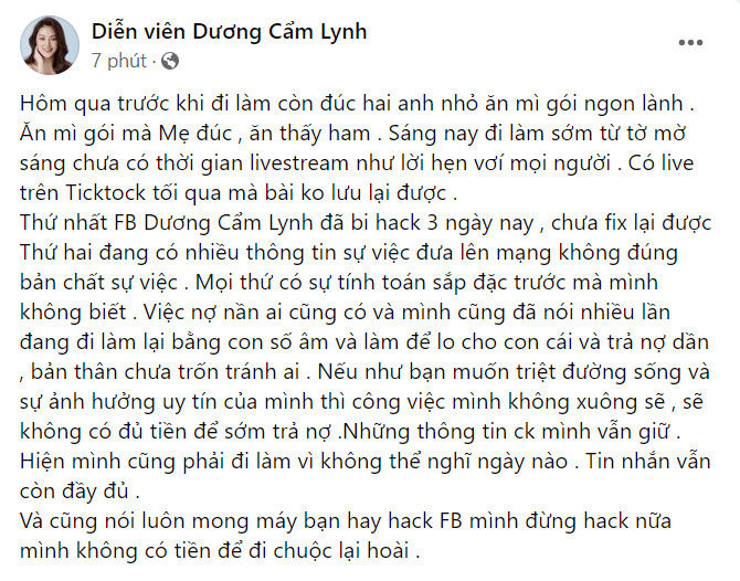 Diễn viên Dương Cẩm Lynh phủ nhận thông tin quỵt nợ