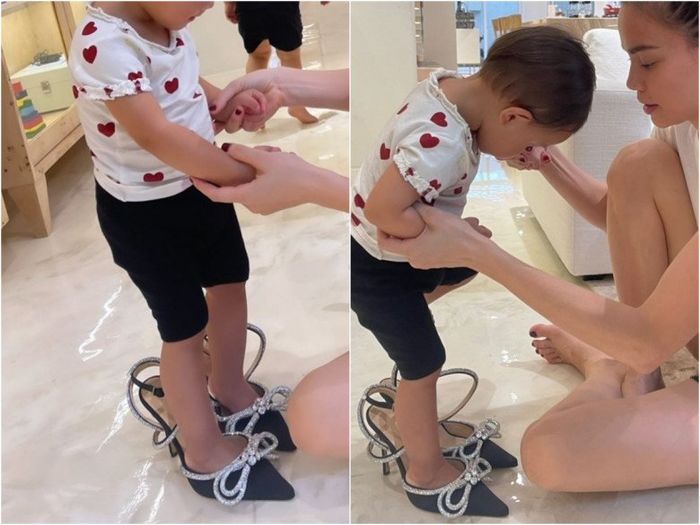 Nhóc tỳ Vbiz thử đi giày của mẹ: Con gái Diệp Lâm Anh tấu hài